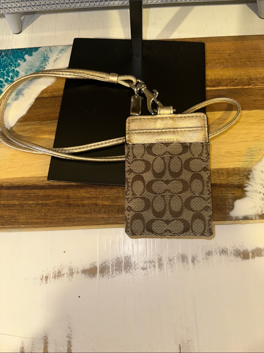 Coach Brown Signature Card Holder with Metallic Gold Lanyard